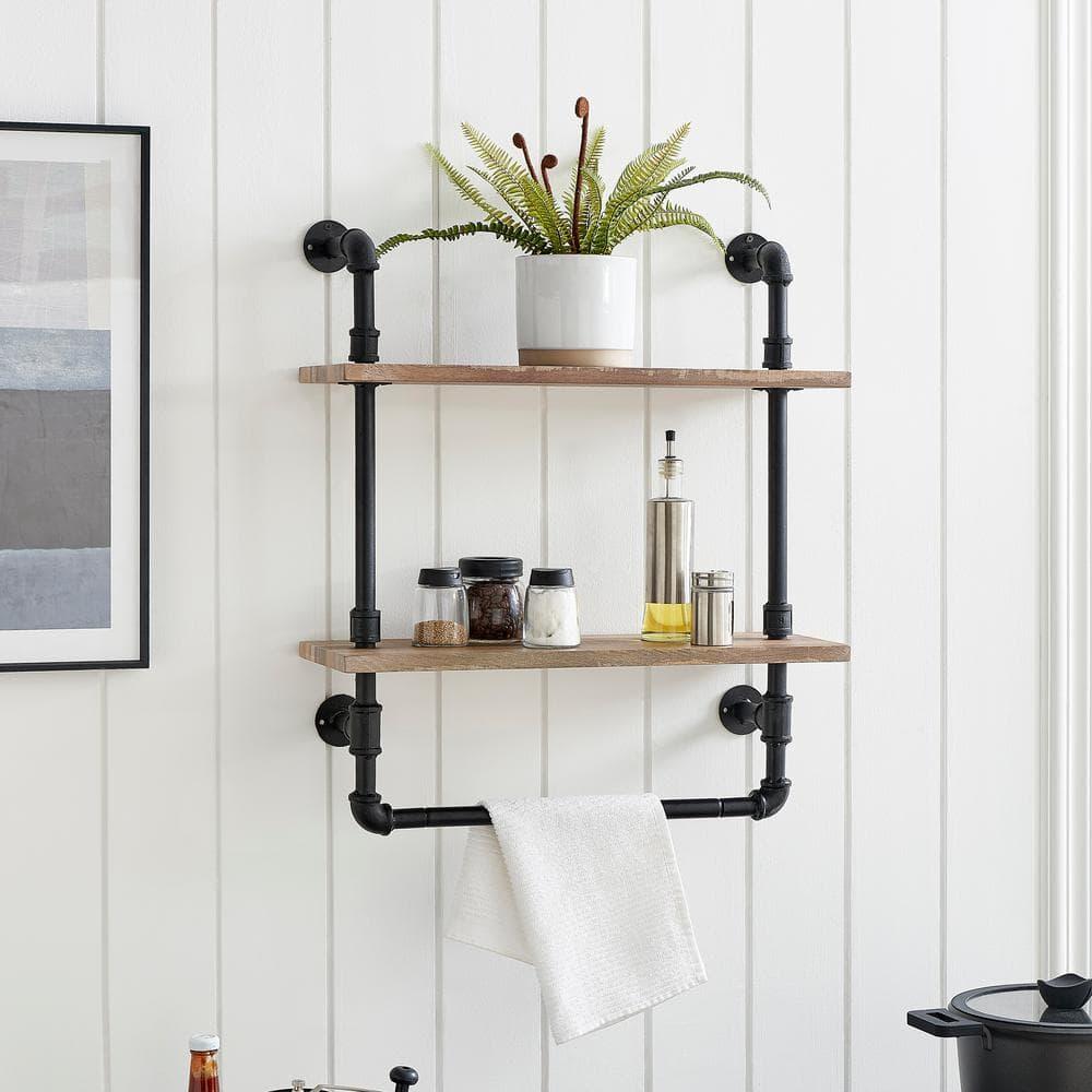 Danya B. 2-Tier Olivia Pipe Wall Shelf Unit with Hanging Rod Black/Rustic: Laminated Iron Storage, Includes Mounting Hardware