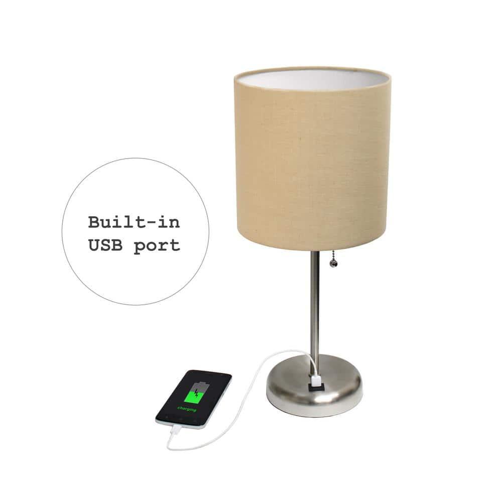 LimeLights Stick Lamp with USB charging port and Fabric Shade, Tan