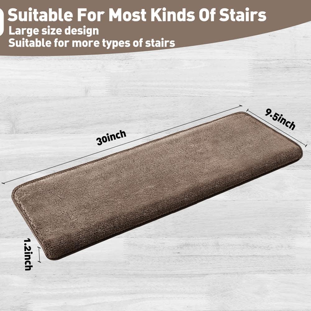 Soft Plush Brown 9.5 in. x 30 in. x 1.2 in. Bullnose Indoor Stair Tread Cover Tape Free Non-slip Carpet Set of 14
