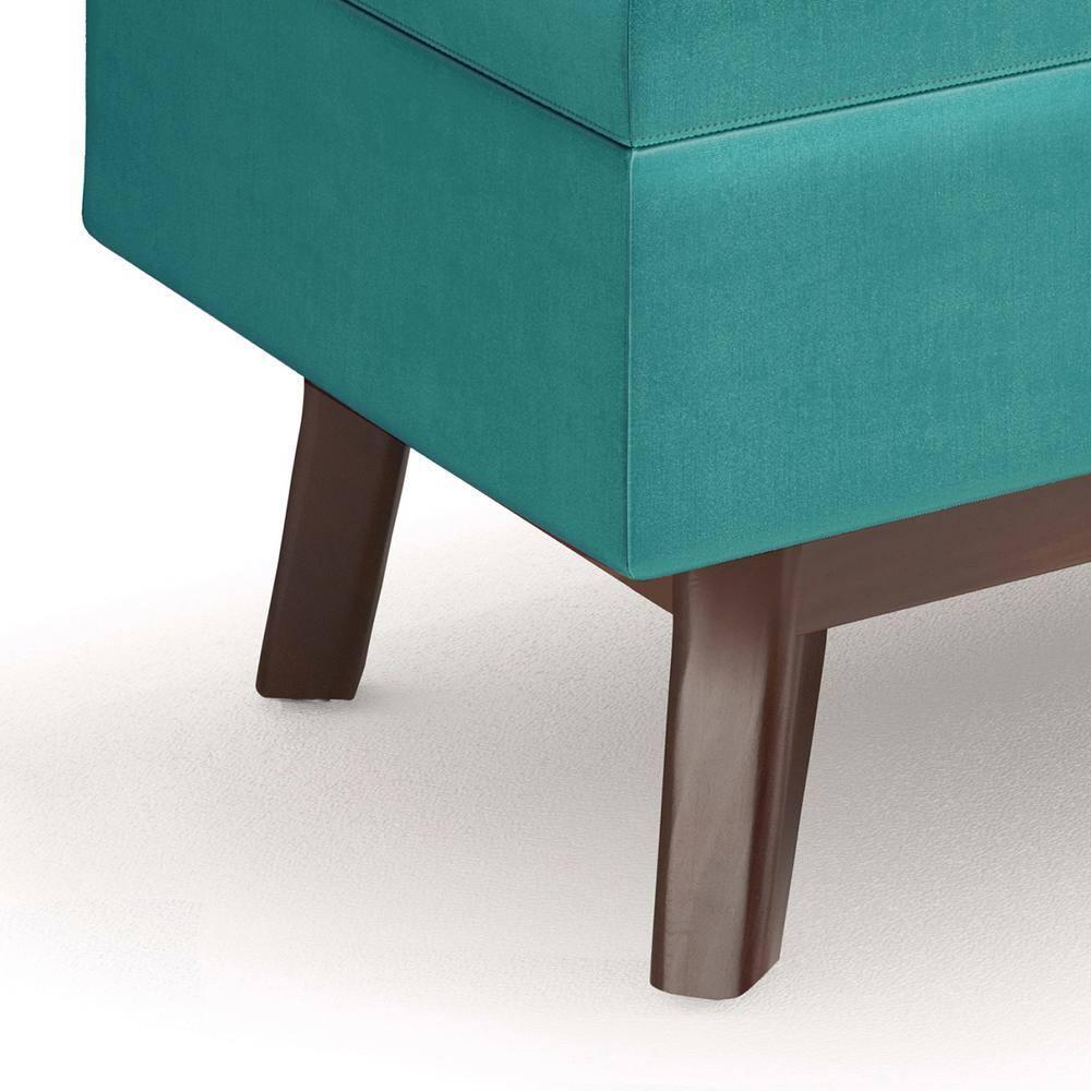 Simpli Home Owen 36 inch Wide Mid Century Modern Rectangle Small Rectangular Storage Ottoman in Aqua Blue Velvet Fabric
