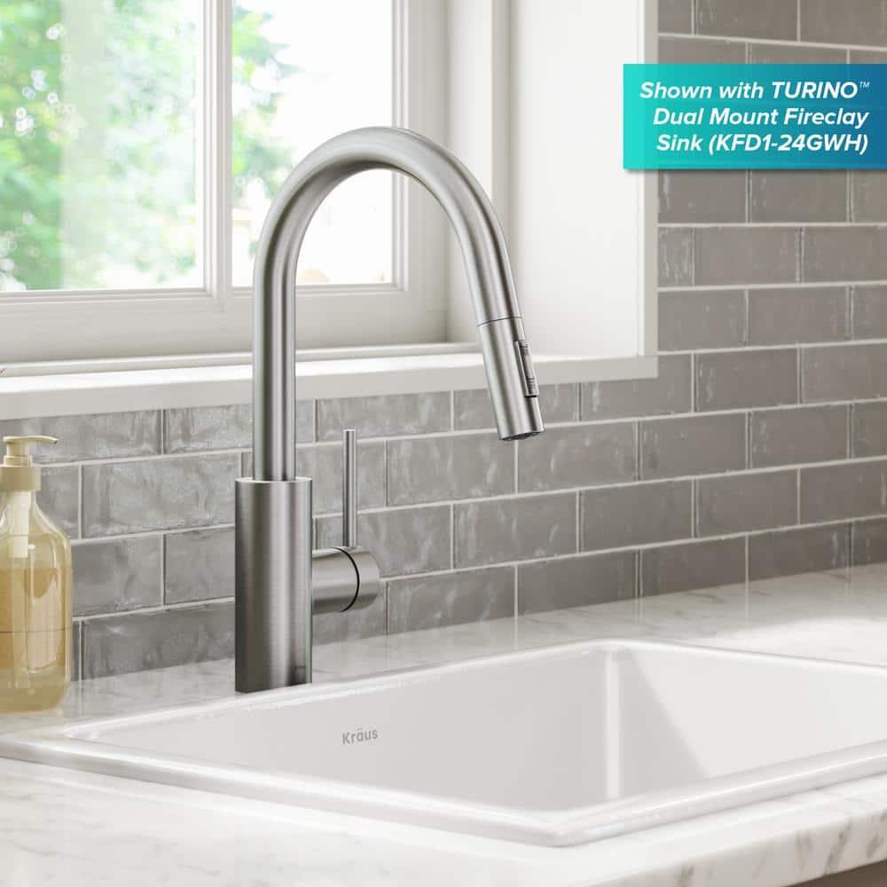 KRAUS Oletto Single Handle Pull Down Kitchen Faucet with QuickDock Top Mount Installation Assembly