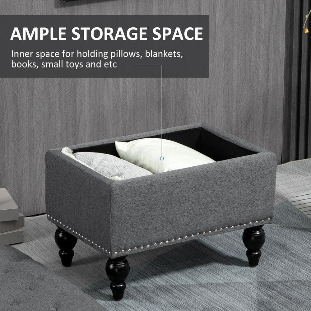 HOMCOM 25" Storage Ottoman with Removable Lid, Button-Tufted Fabric Bench for Footrest and Seat with Wood Legs, Grey
