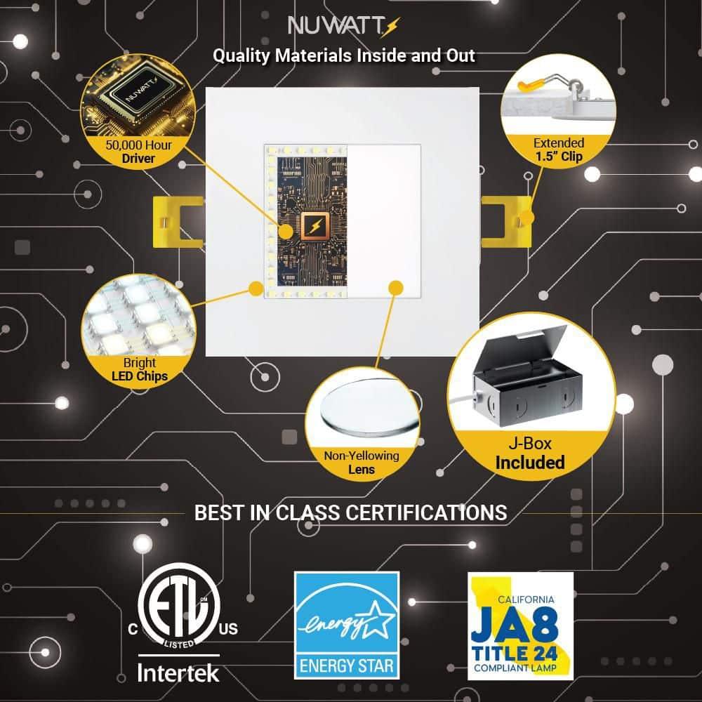 NUWATT 6 Pack 6 Inch Square Ultra-Thin LED Recessed Lighting, Selectable 2700K/3000K/3500K/4000K/5000K, High Brightness 1050 Lumens Dimmable, White Canless Slim Wafer Light, IC Rated, Metal J-Box