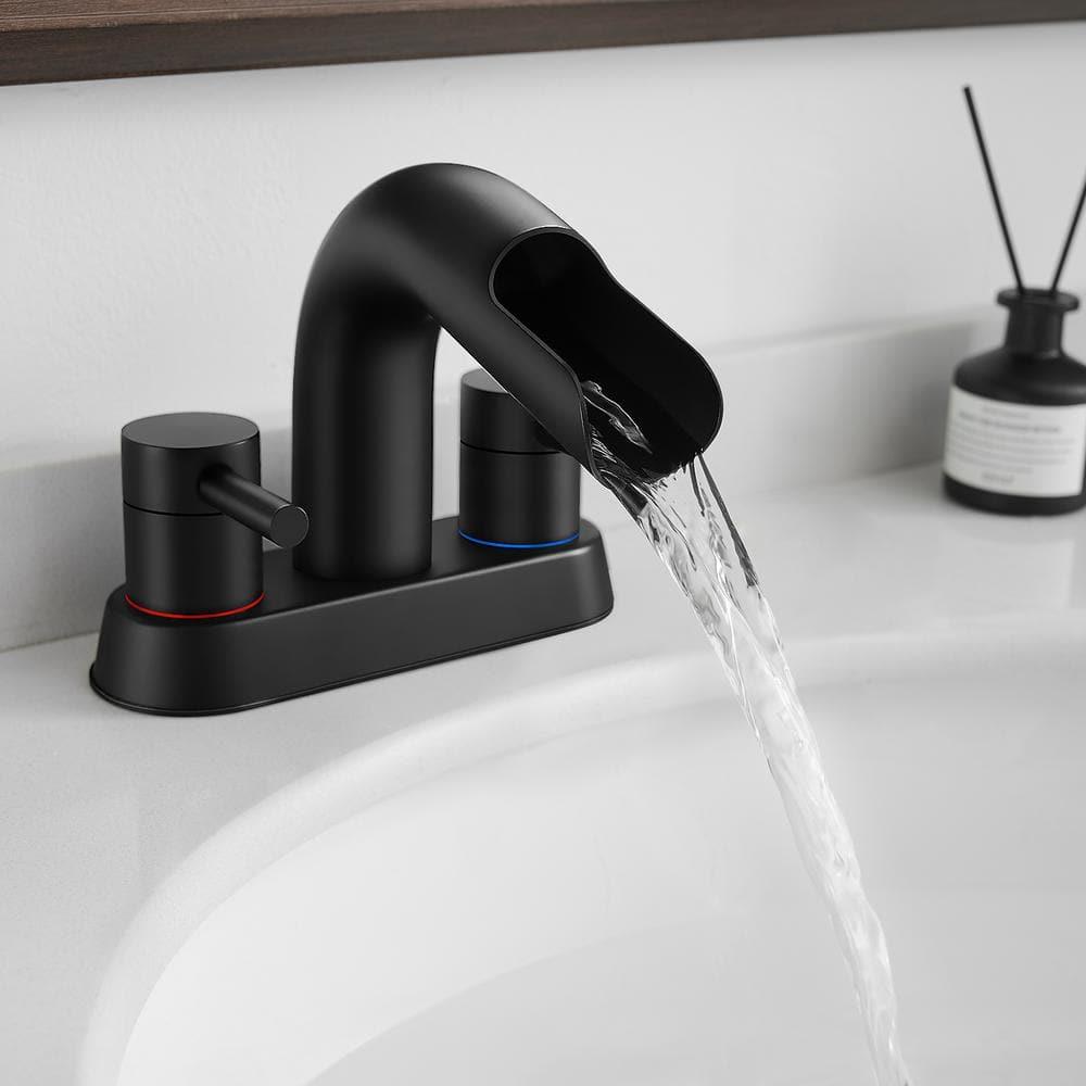 Qomolangma Waterfall Bathroom Faucets 2 or 3 Holes 2 Handles - Black Bathroom Sink Faucets Widespread with Pop Up Drain, Lavatory Mixer Tap with Deck Mount Plate for Bathroom Sink RV Vessel Basin