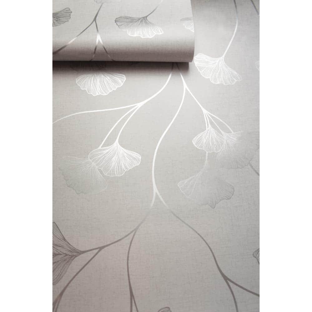 Holden Glistening Ginkgo Silver Wallpaper: Mid-Century Modern Floral Design, Non-Pasted Paper, Smooth Metallic Finish, 56 Sq Ft Coverage