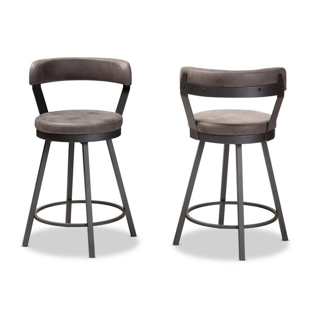 Set of 2 Arcene Faux Leather Upholstered Pub Counter Height Barstools Gray/Black - Baxton Studio: Polyester, Metal Frame, Curved Back