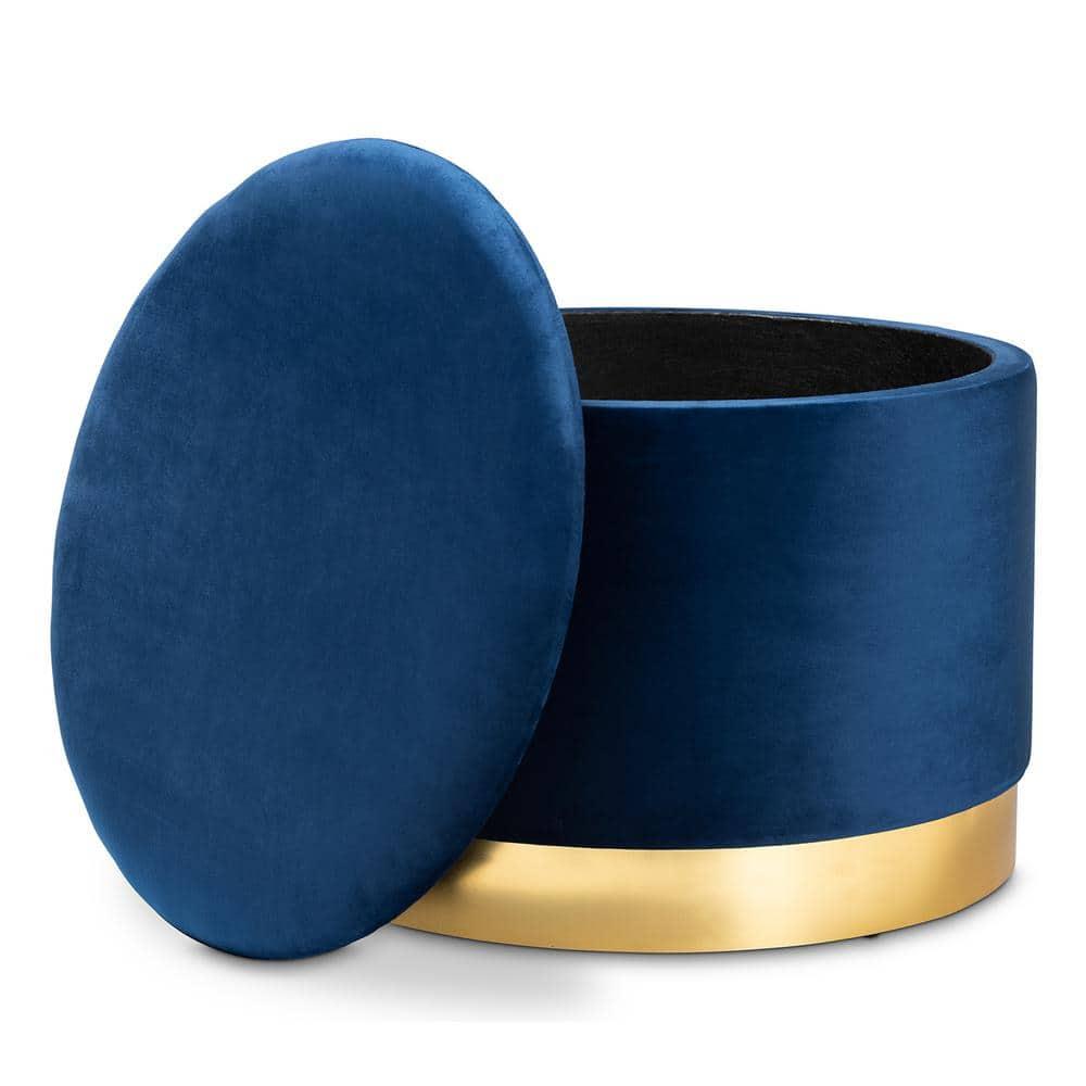 Marisa Navy Blue Velvet and Gold Storage Ottoman