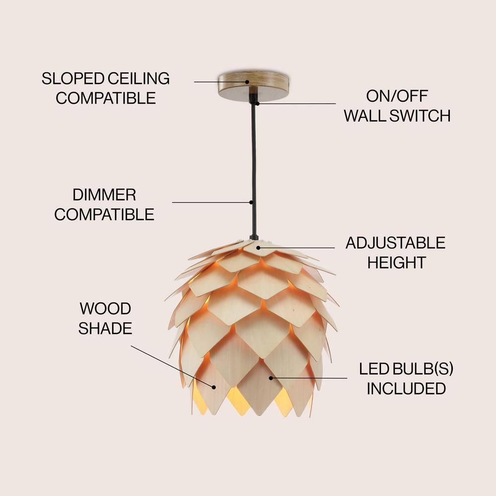 HOZO JYL6125A Simon 11.75" Pinecone Wood LED Pendant Contemporary Dimmable Adjustable Dining Room Living Room Kitchen Foyer Bedroom Hallway, Natural