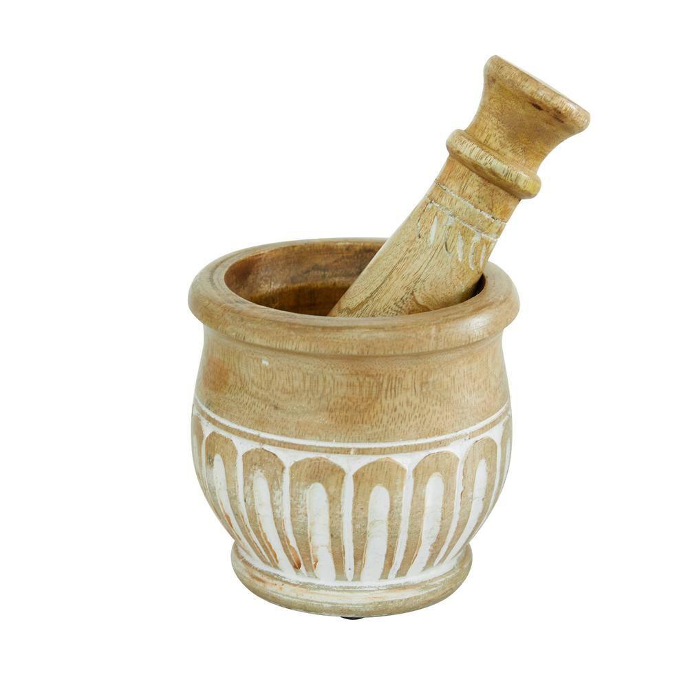 DecMode 8.5", 9", 8"H Wood Country Cottage Mortar and Pestel, Brown, 3 - Pieces