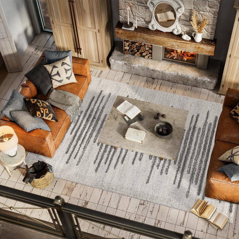 4'x6' Aya Berber Stripe Geometric Area Rug, Cream/Gray - JONATHAN Y