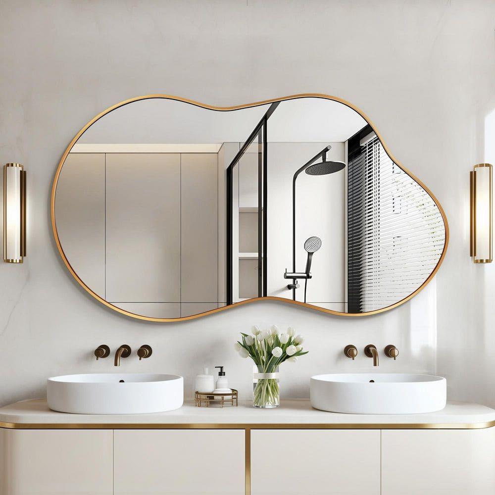 36 in. W. x 24 in. H Irregular Gold Aluminum Alloy Framed Wall Mirror Asymmetrical Wall Mirror