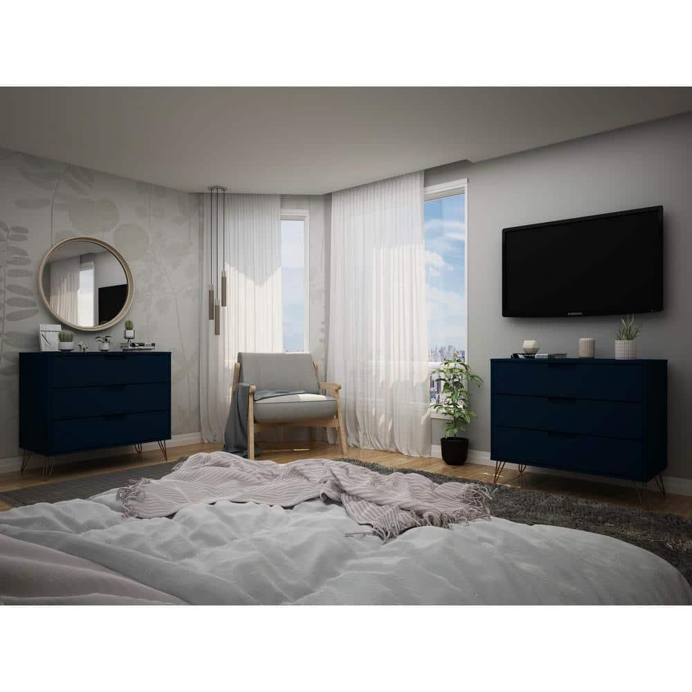 Manhattan Comfort Set of 2 Rockefeller 3 Drawer Dresser Tatiana Midnight Blue: MDF Bedroom Storage, Easy-Glide, Includes Anti-Tip Hardware