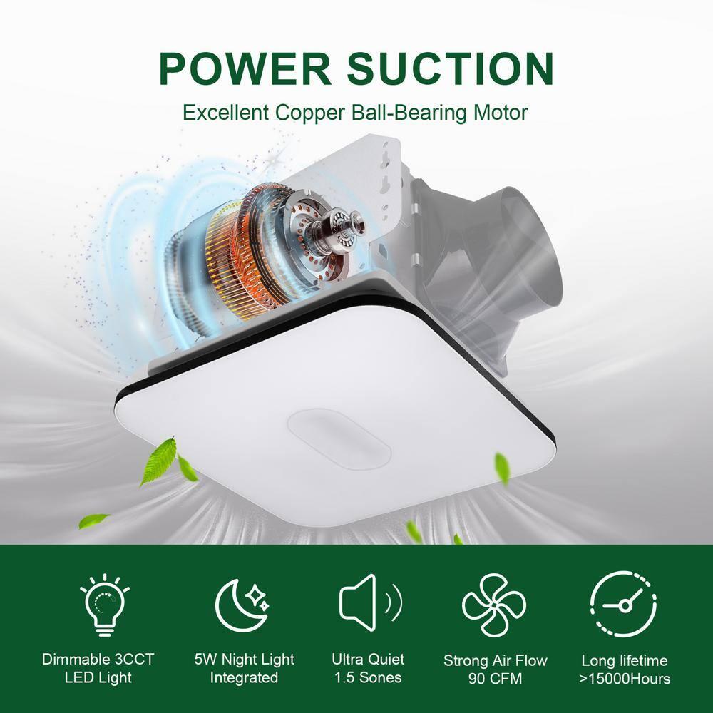 90 CFM Energy Star Bathroom Ventilation with Lighting Square Exhaust Night Light Fan Bathroom Fan