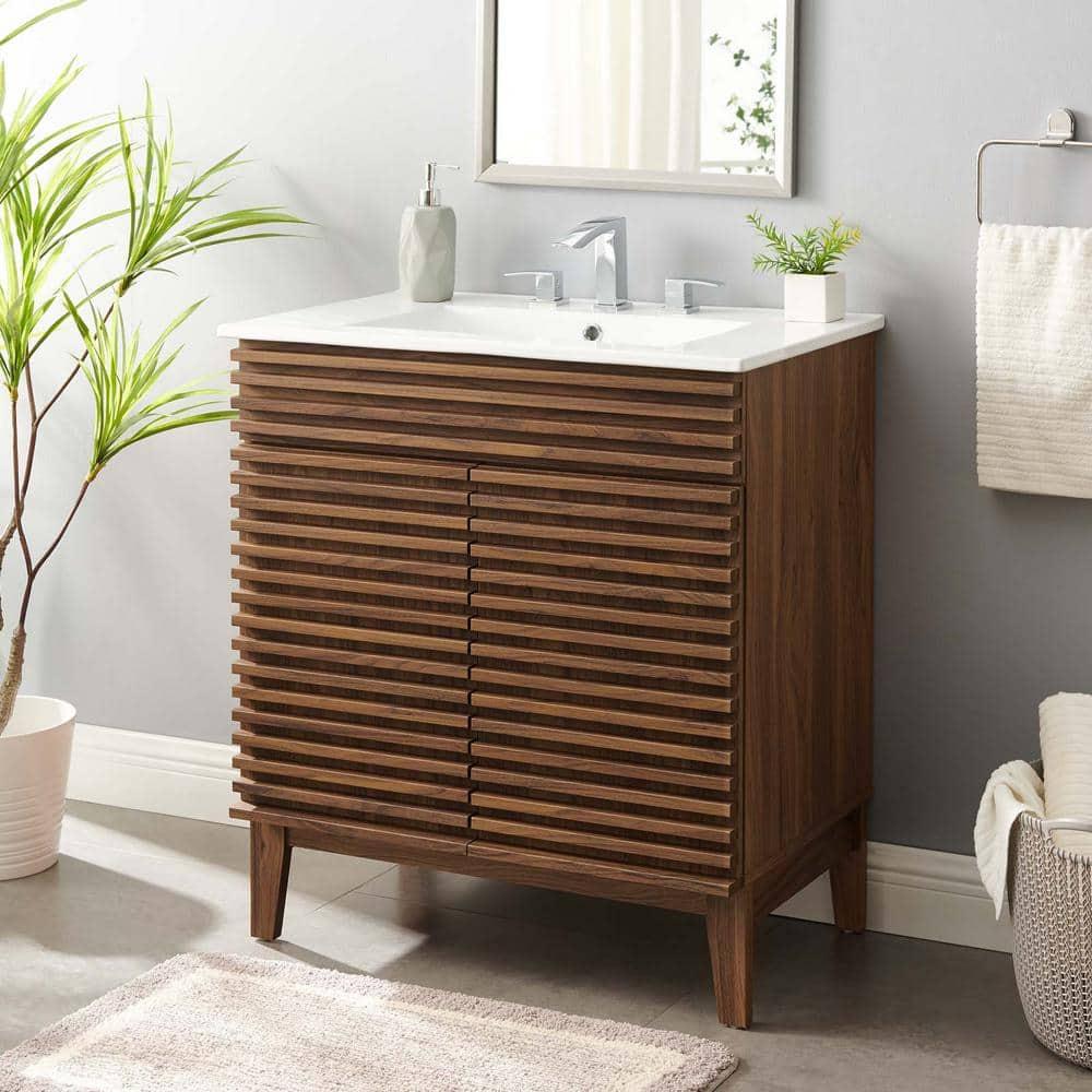 Modway Render Vanity with Sink-Floor, 30 Inch, Walnut White