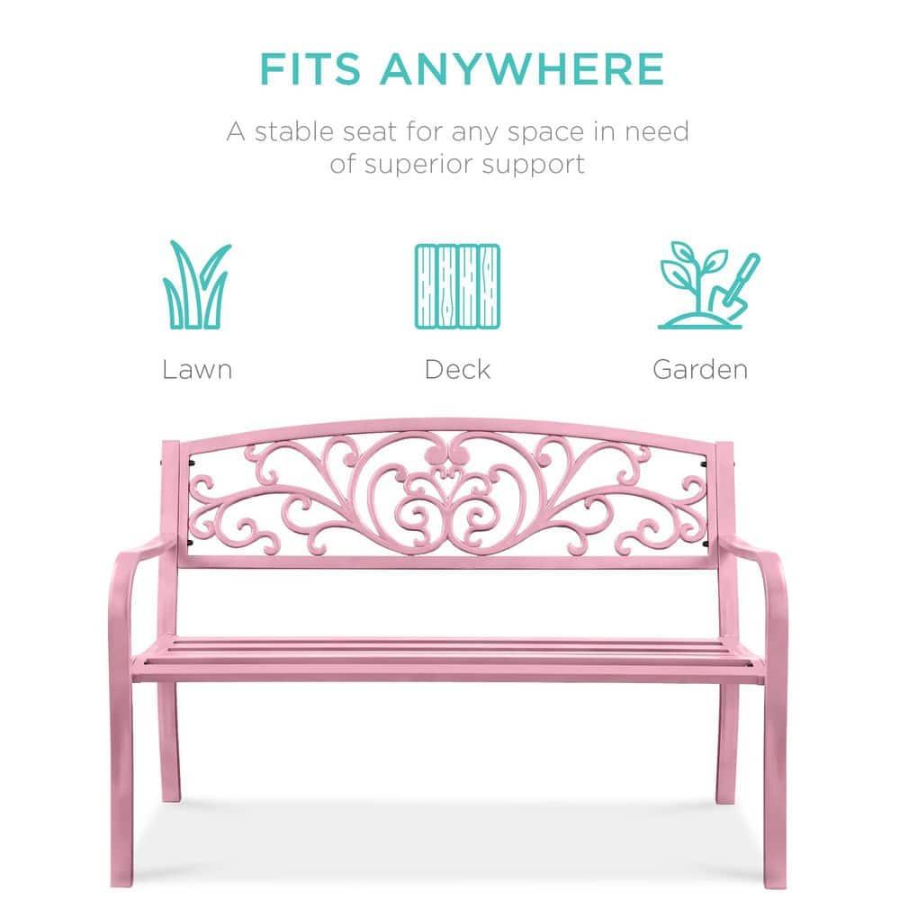 World Menagerie Outdoor Steel Bench with Floral Backrest & Slatted Seat, Marigold for Garden, Patio, Porch, Lawn, and Deck