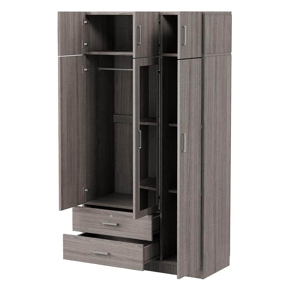 Gray 41.3 in. 3-Door Wooden Wardrobe Armoire with Mirror, 2-Drawers, Shelves, a Hanging Rod, Top Cabinet