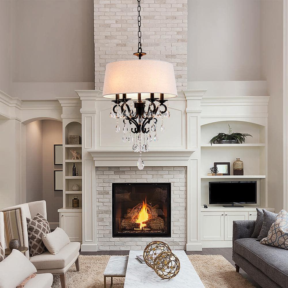 18 in. 5-Light Blackened Bronze Crystal Chandelier with Fabric Shade