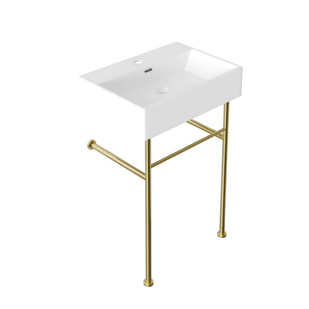 Ceramic White Rectangular Single Faucet Hole 24 in Console Bathroom Sink with Overflow