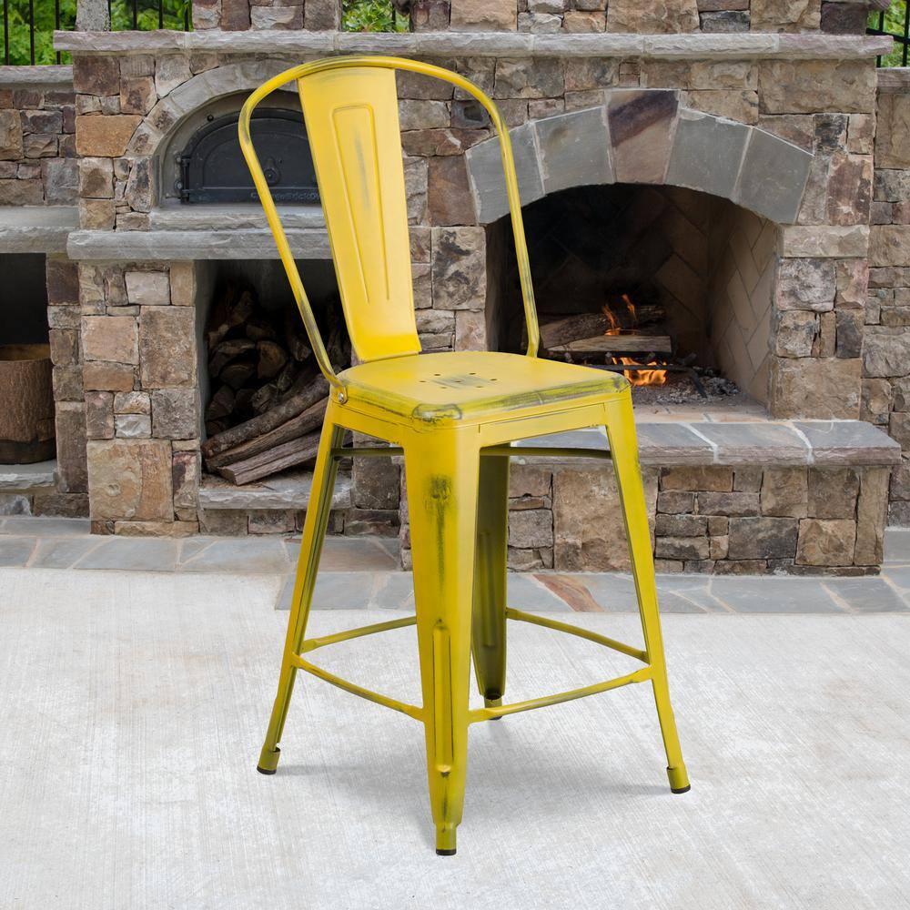 Flash Furniture Commercial Grade 24" High Distressed Yellow Metal Indoor-Outdoor Counter Height Stool with Back