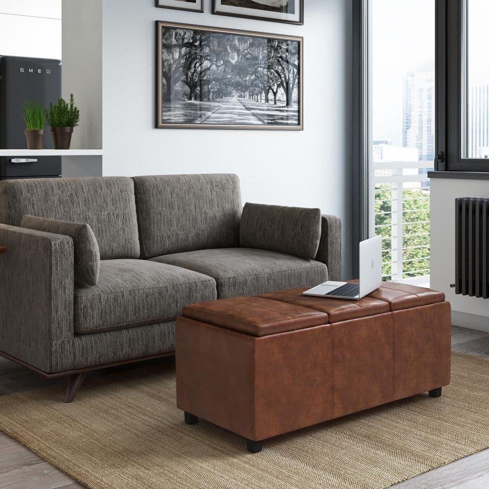 Simpli Home Avalon 42"W Upholstered Storage Ottoman with 3 Flip-Over Serving Trays
