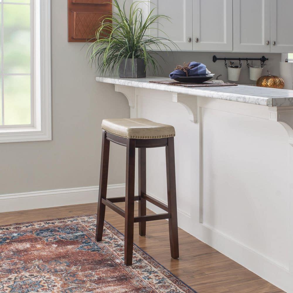 Linon Claridge Backless Faux Leather Nailhead Saddle Barstool Beige : Upholstered, Rubberwood Legs, Fixed Height