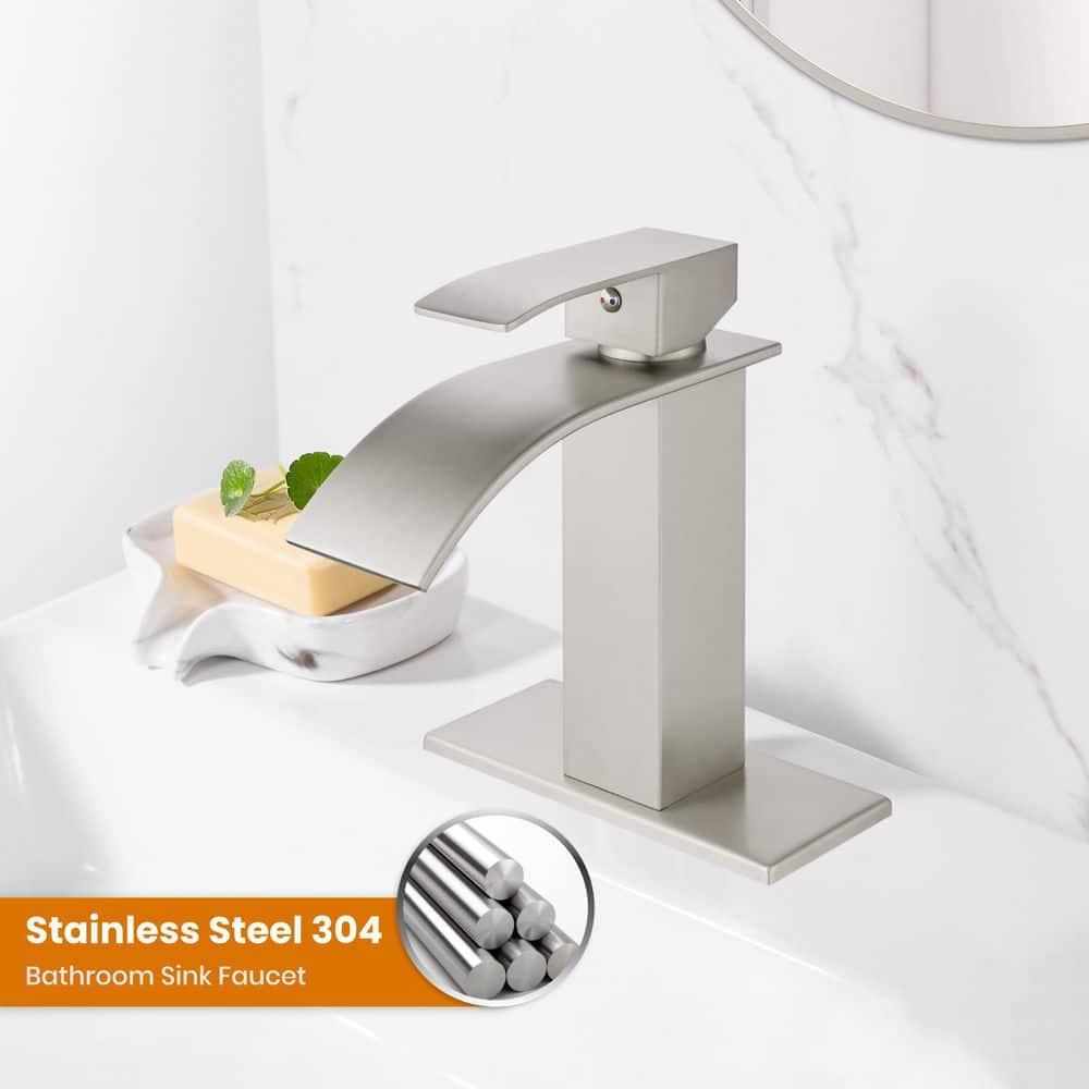 Waterfall Single Handle Bathroom Vanity Sink Faucet with Metal Pop-up Drain, Brushed Nickel Finish