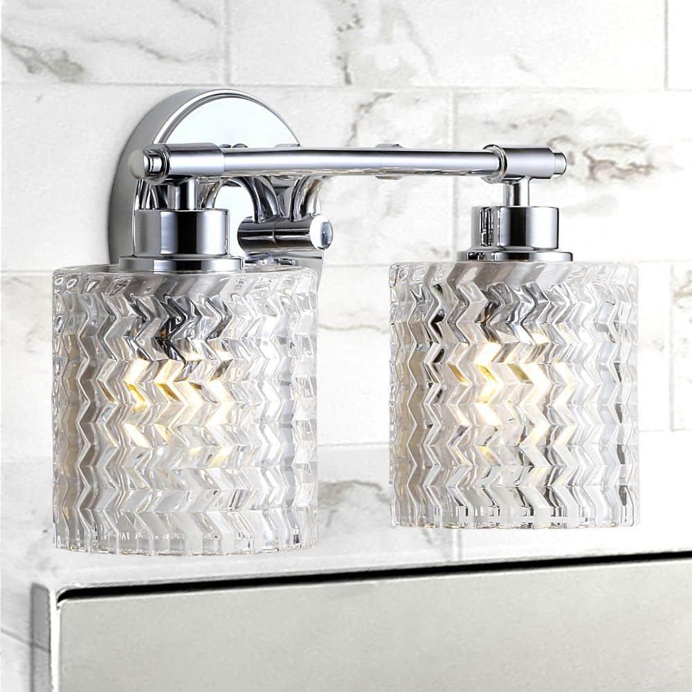 Spaulding Vintage 13" 2-Light Iron/Chevron Pattern Glass Farmhouse Cottage LED Vanity Light, Chrome