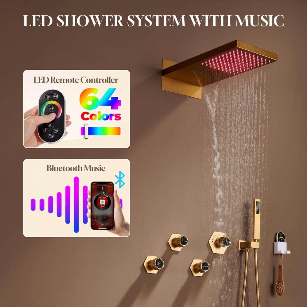 Large Brushed Gold Dual Shower Head System with LED and Bluetooth