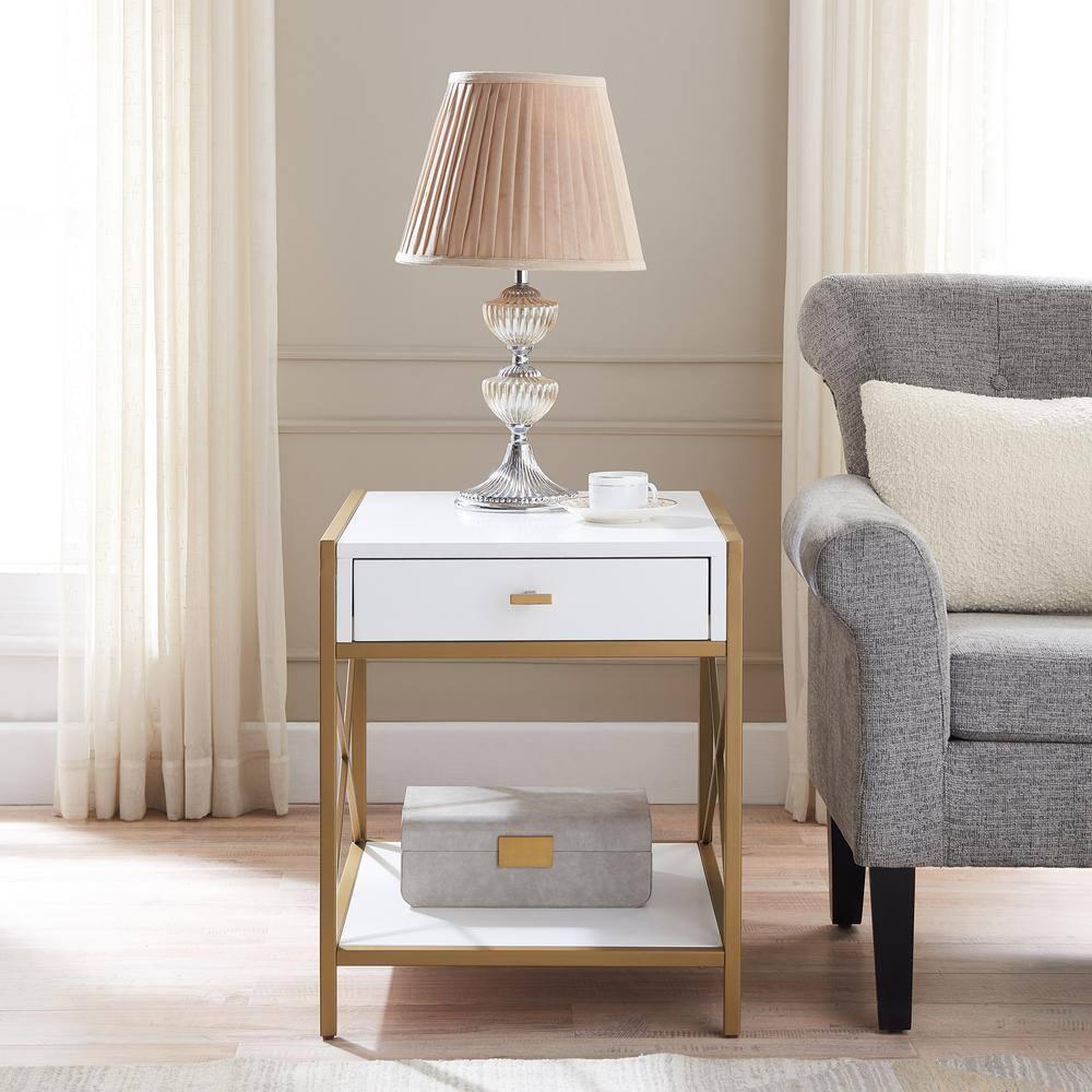 Leick Home Claudette Mixed Metal and Wood 1-Drawer End Table with Shelf, White/Gold