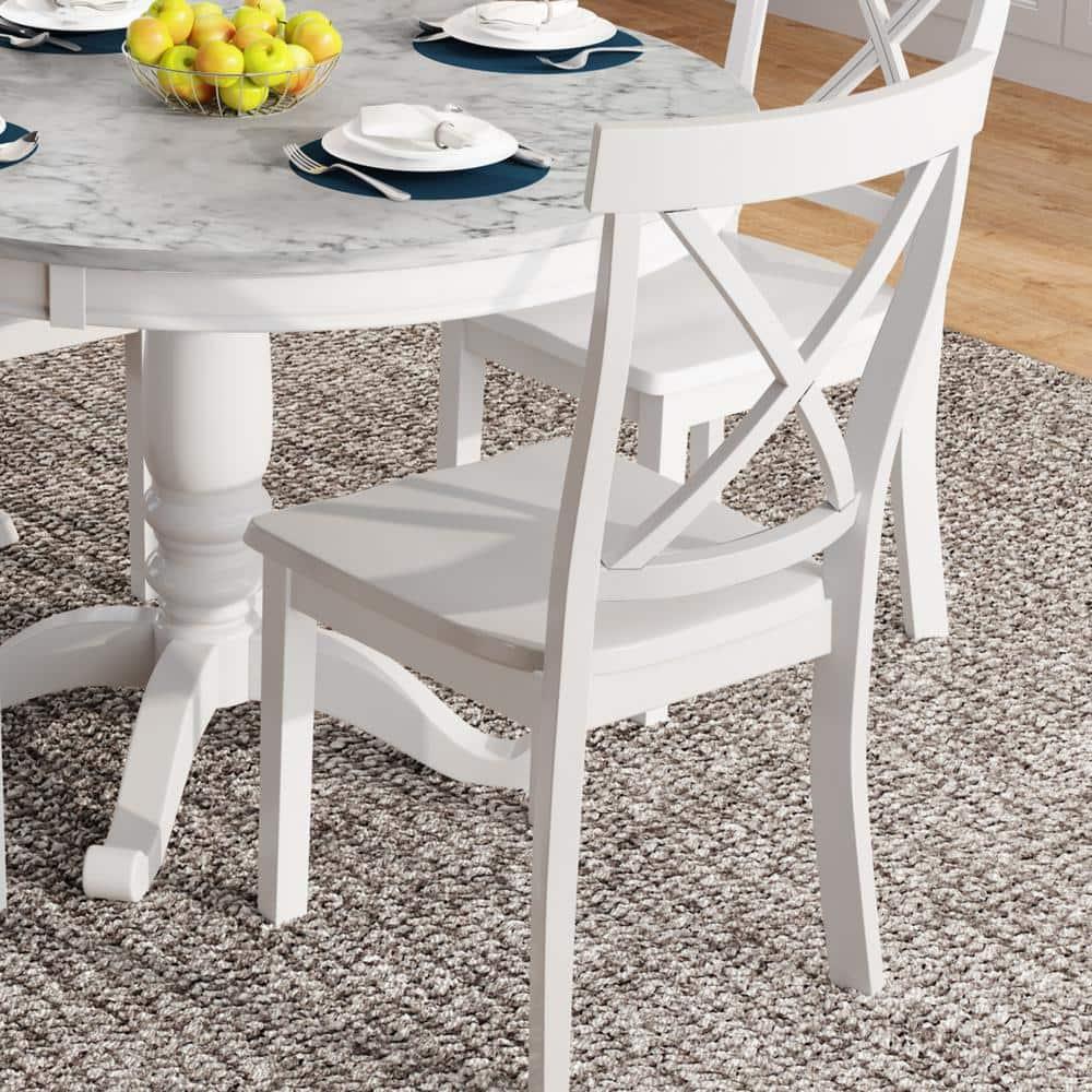 5 Pieces Dining Sets with Round Marble Top Table and 4 Chairs, Fashion Home Kitchen Table and Chairs Set for 4 Persons, Simple Dining Table Set, Steady and Durable, White