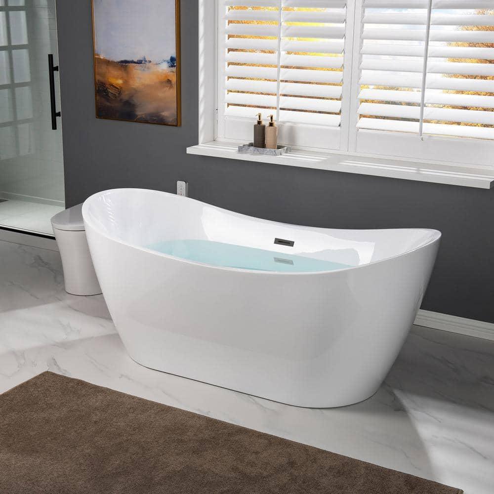 WOODBRIDGE 67" Acrylic Freestanding Bathtub Contemporary Soaking White Tub with Matte Black Overflow and Drain,B0010-MB-Drain &O