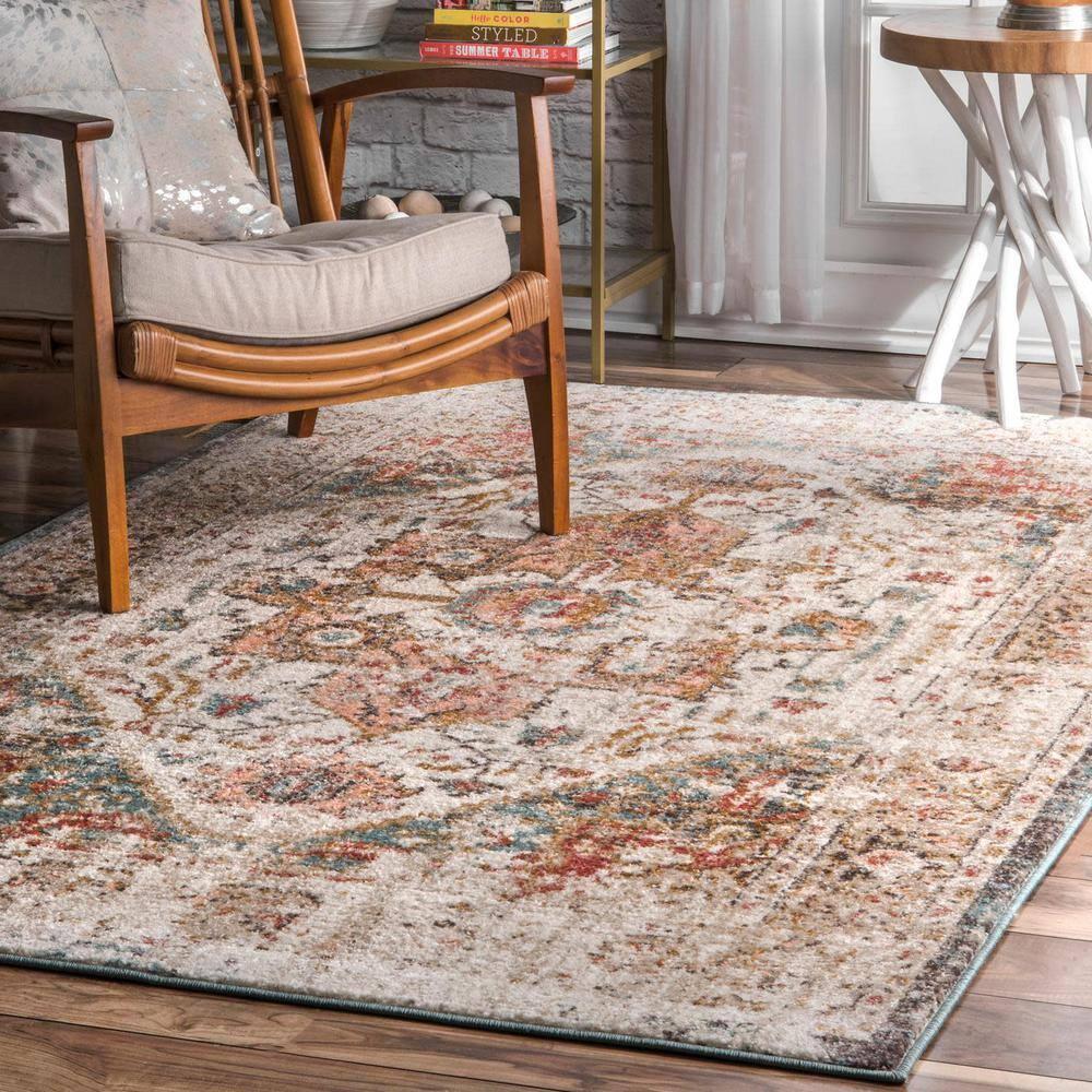 Nuloom 5 Round Justine Vintage Medallion Indoor Area Rug, Beige, Faded Persian Design, Stain Resistant, BedroomLiving Room, Kitchen,