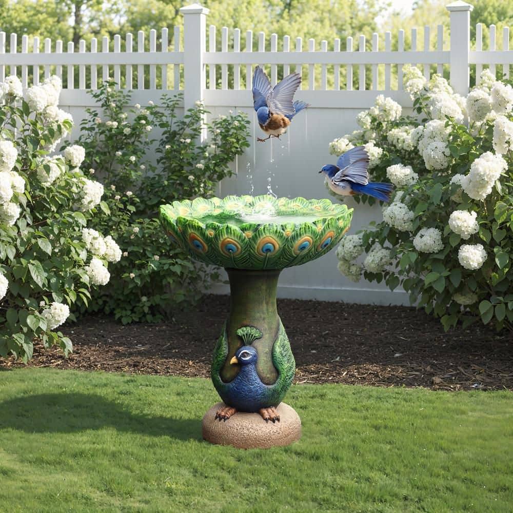 LuxenHome 20" Elegant Tall Peacock Outdoor Resin Bird Bath with Elegant Feather Basin for Garden, Patio Multicolored