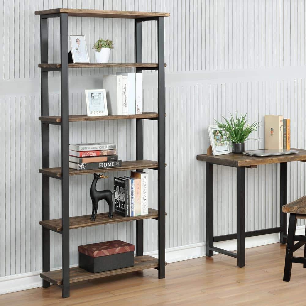 Alaterre Pomona 70"H 5-Shelf Metal and Solid Wood Bookcase