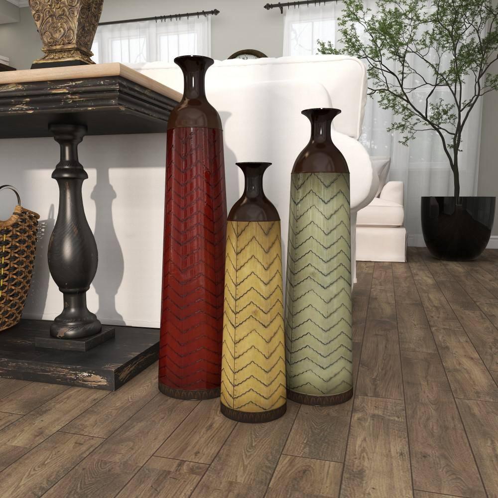 DecMode 32", 27", 22"H Tall Enameled Bottleneck Floor Multi Colored Metal Vase with Chevron Pattern, Set of 3