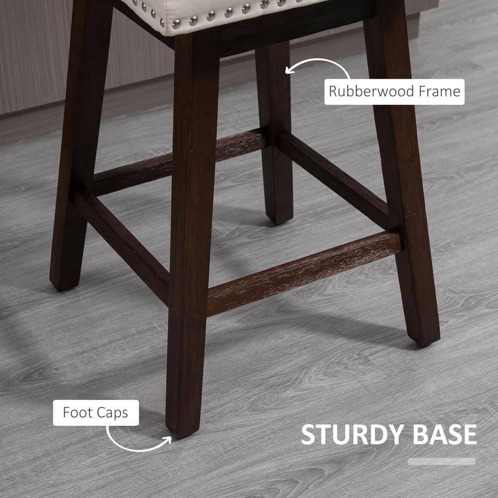 HOMCOM 28" Swivel Bar Height Bar Stools Set of 2, Armless Upholstered Barstools Chairs with Nailhead Trim and Wood Legs, Cream White