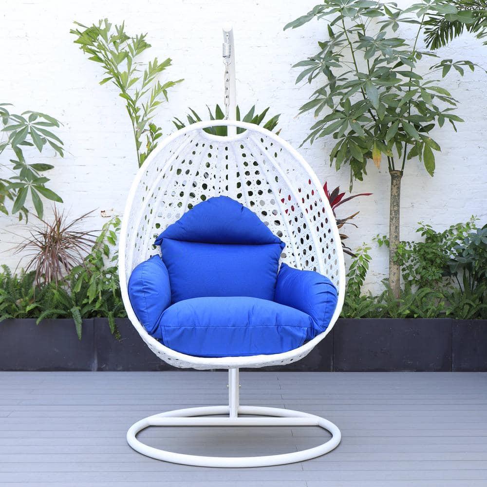 LeisureMod White Wicker Hanging Egg Swing Chair