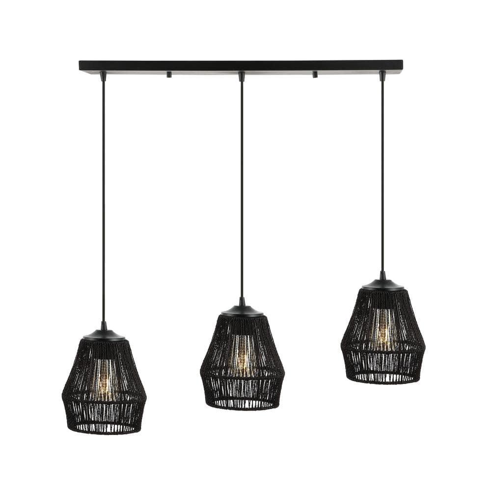 30" 3-Light Ibiza Island Woven Rope/Metal Bohemian Coastal Linear Pendant (Includes LED Light Bulb) Black - JONATHAN Y