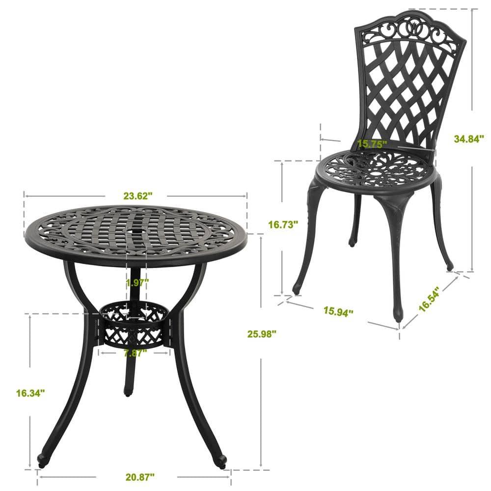 Nuu Garden 3-Piece Patio Bistro Set, Outdoor Cast Aluminum Bistro Table and Chairs Set of 2, Outdoor Patio Dining Set with Umbrella Hole for Patio Balcony, Black