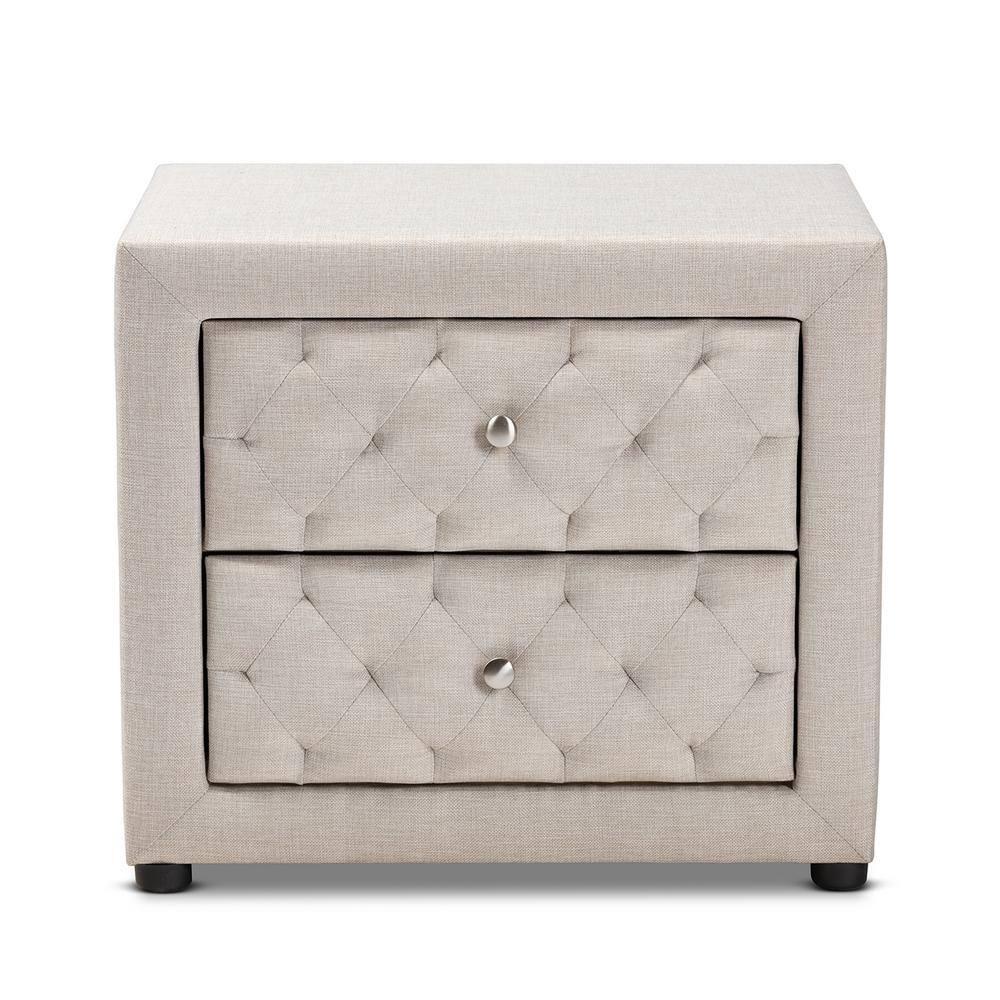 2 Drawer Lepine Wood Nightstand Beige - Baxton Studio: Upholstered, Tufted, Silver Knobs, Assembly Required