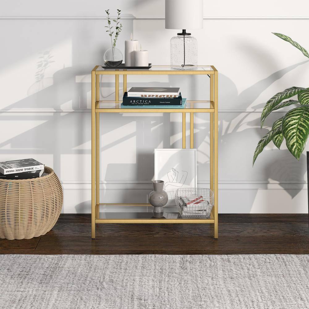 Evelyn&Zoe Cortland 22" Wide Rectangular Console Table with Glass Shelves, Brass
