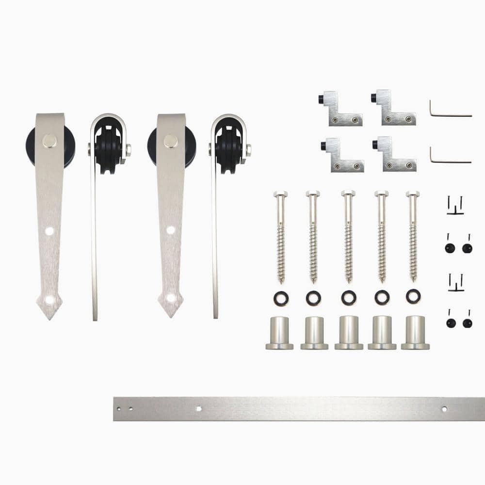 Homacer Brushed Nickel Sliding Barn Door Hardware Kit, for Two/Double Doors, 7ft Long Flat Track, Arrow Design Roller, Heavy Duty, for Interior & Exterior Use
