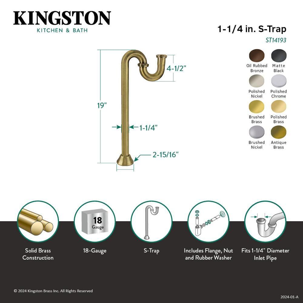 Kingston Brass ST14190 Kingston Brass Vintage 1-1/4 Inch Brass S-Trap, 18 Gauge