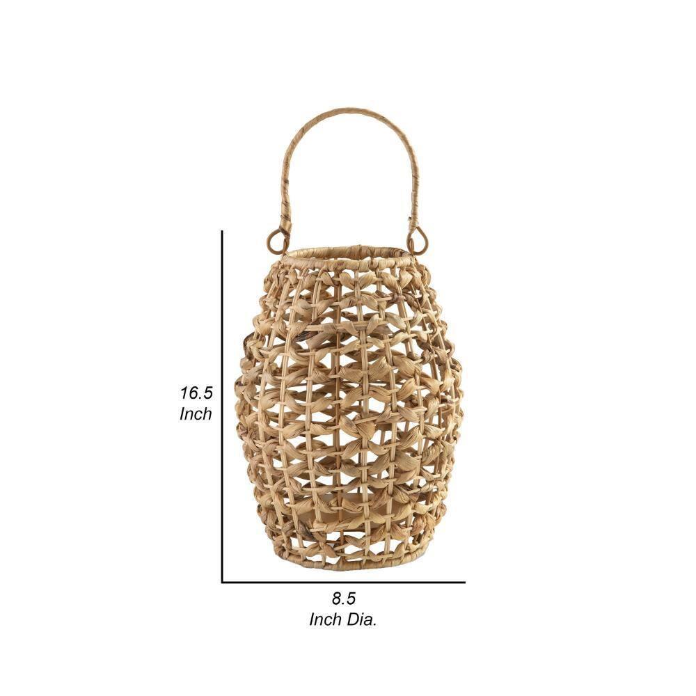 Benjara Enna Lantern, Bohemian Style, Candle Stand, Brown Rattan Woven
