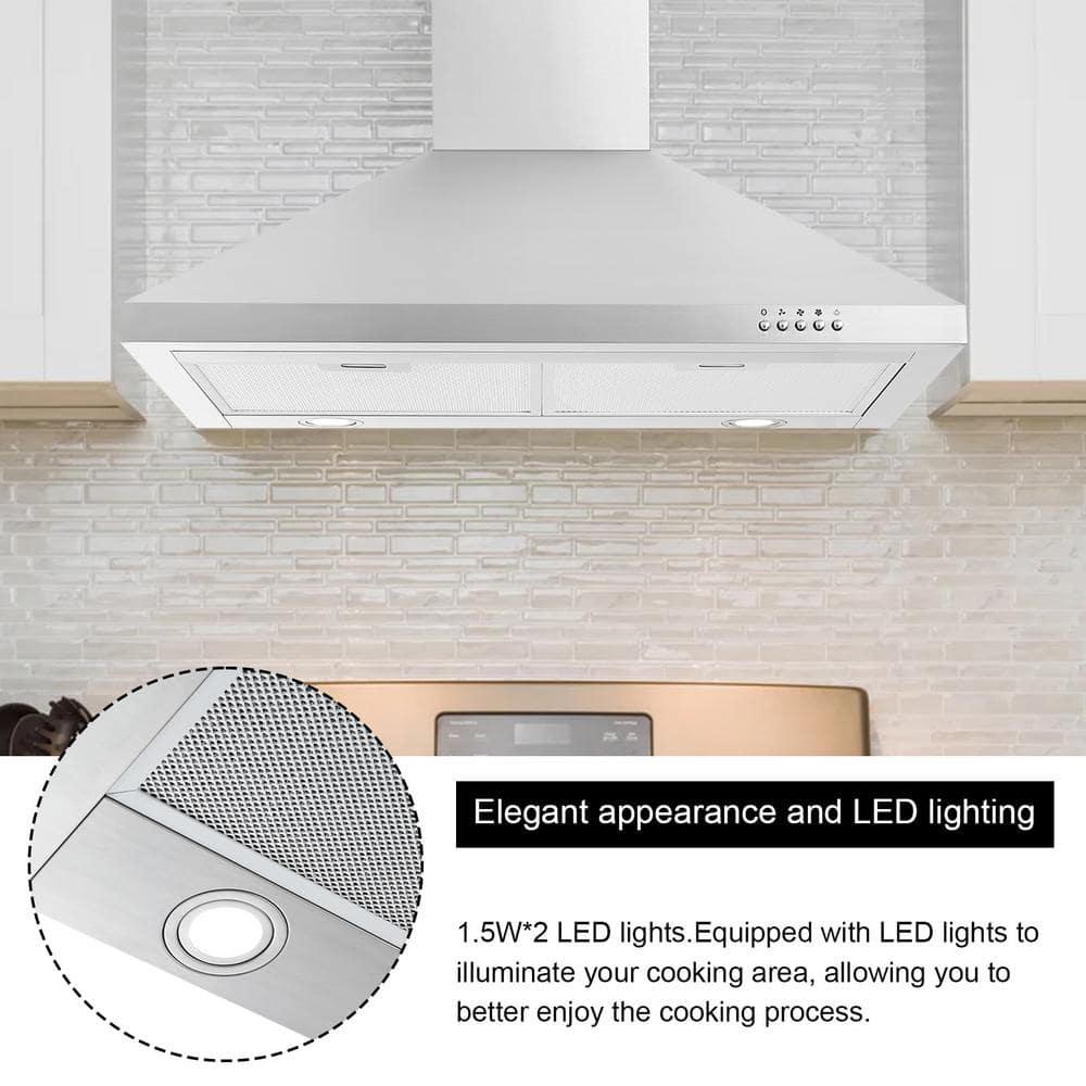 FIREGAS Range Hood 30 inch Wall Mount Type with Ducted/Ductless Convertible, 450 CFM Stainless Steel Chimney-Style Kitchen Hood, Over Stove Vent Hood with 3 Speed Fan, LED Light, Charcoal Filters