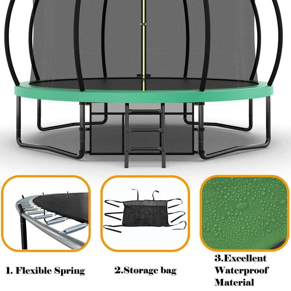 12FT Round Trampoline with Basketball Hoop for Kids, Outdoor Recreational Trampolines with Safety Enclosure Net & Ladder, 880 LBS Weight Capacity, Green