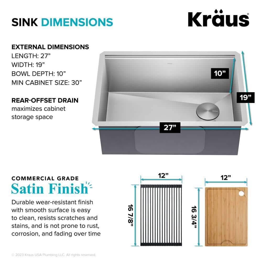 KRAUS Kore™ Workstation 27-inch L Undermount 16 Gauge Single Bowl Stainless Steel Kitchen Sink with Accessories
