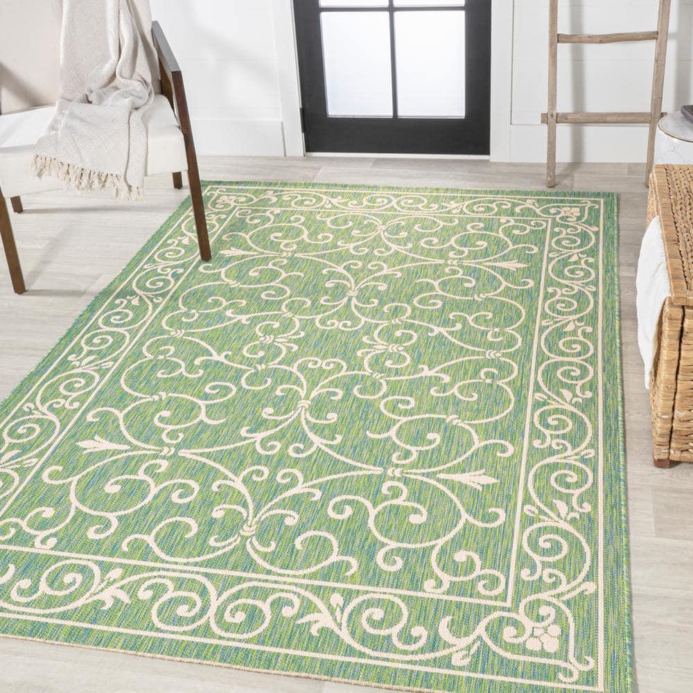 8' x 10' Charleston Vintage Filigree Textured Weave Indoor/Outdoor Area Rug, Green/Ivory - JONATHAN Y