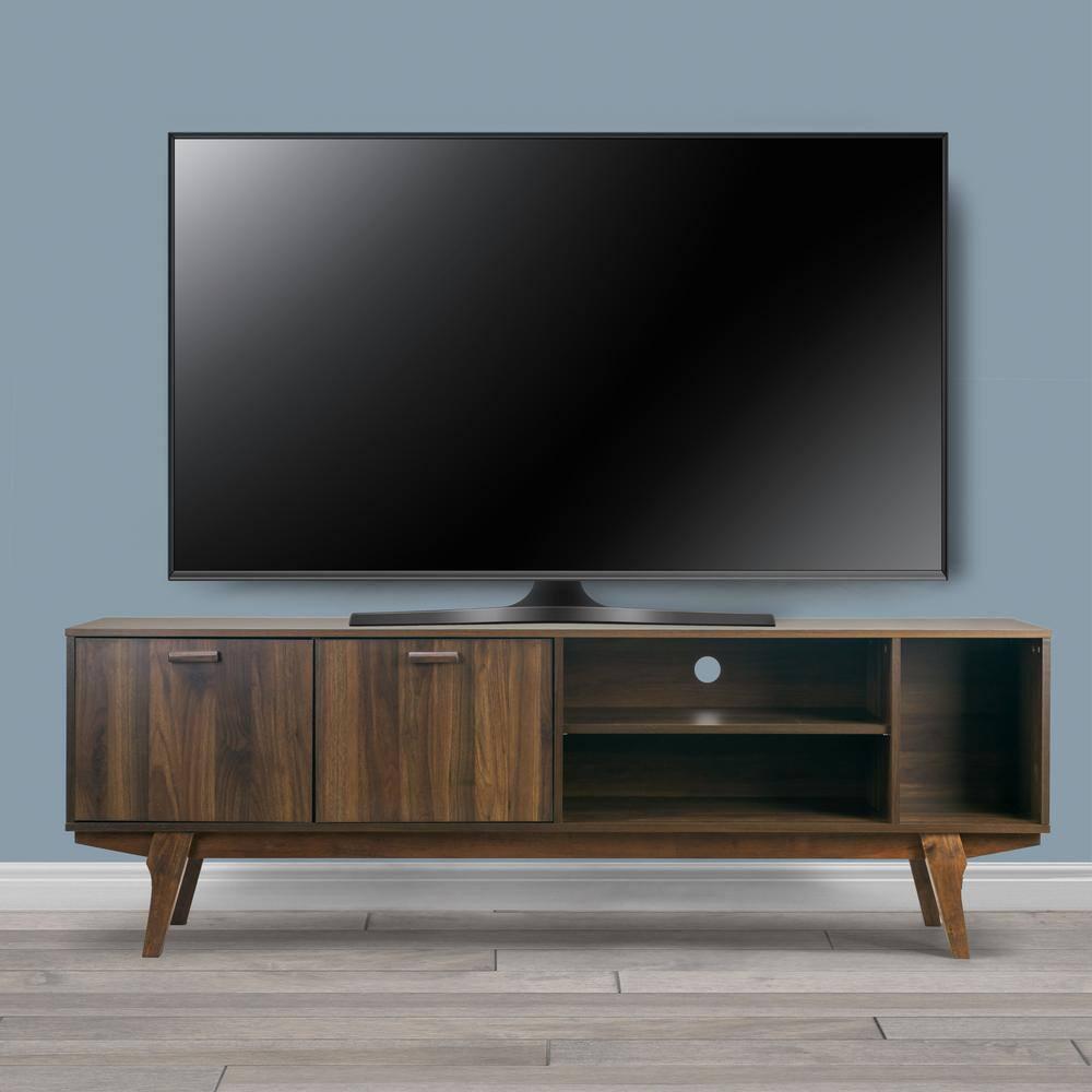 Glamour Home Anona 71" Wood TV Stand with 2 Cabinets and Open Shelves in Walnut