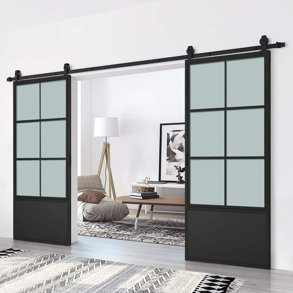CALHOME 60-in x 84-in Frosted Glass Black Frosted glass Glass Solid core Double Barn Door (Hardware Included)